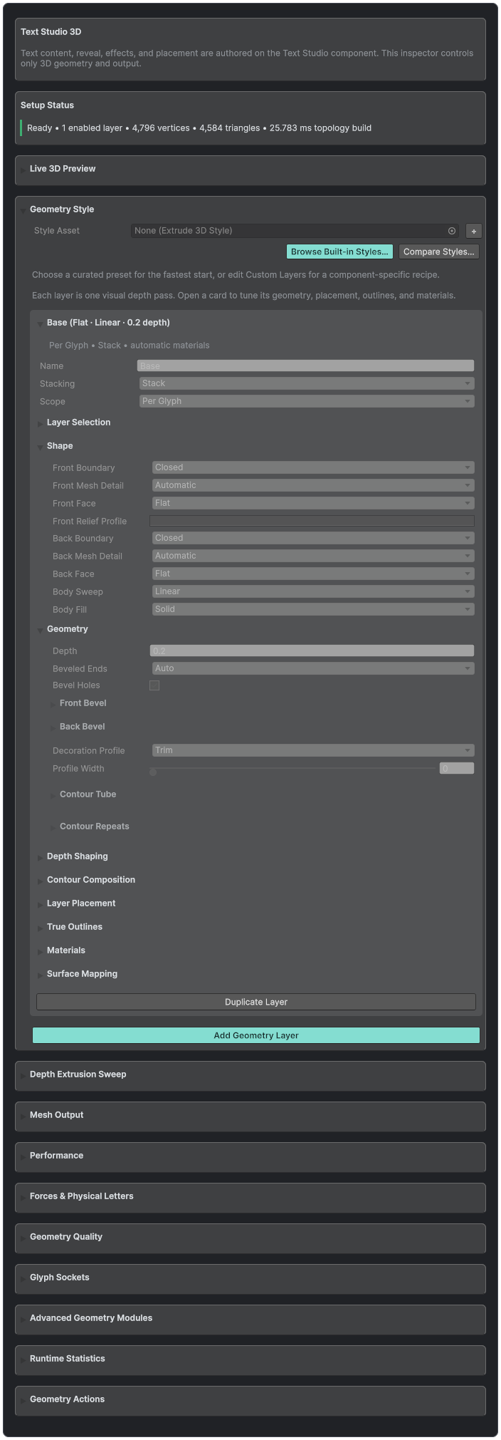 Text Studio 3D main inspector with persistent workflow foldouts.