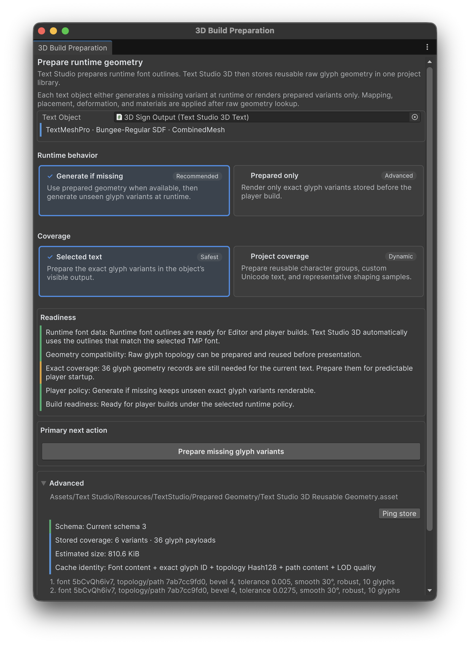 Text Studio 3D Build Preparation window with runtime policy, coverage, readiness checks, and canonical store summary.