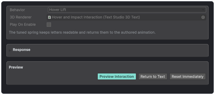 Interaction Controller inspector configured for Hover Lift with an assigned 3D renderer and preview controls.