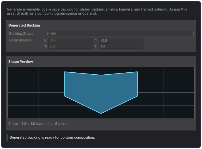 Generated Contour inspector configured as a shield with local bounds and a live shape preview.