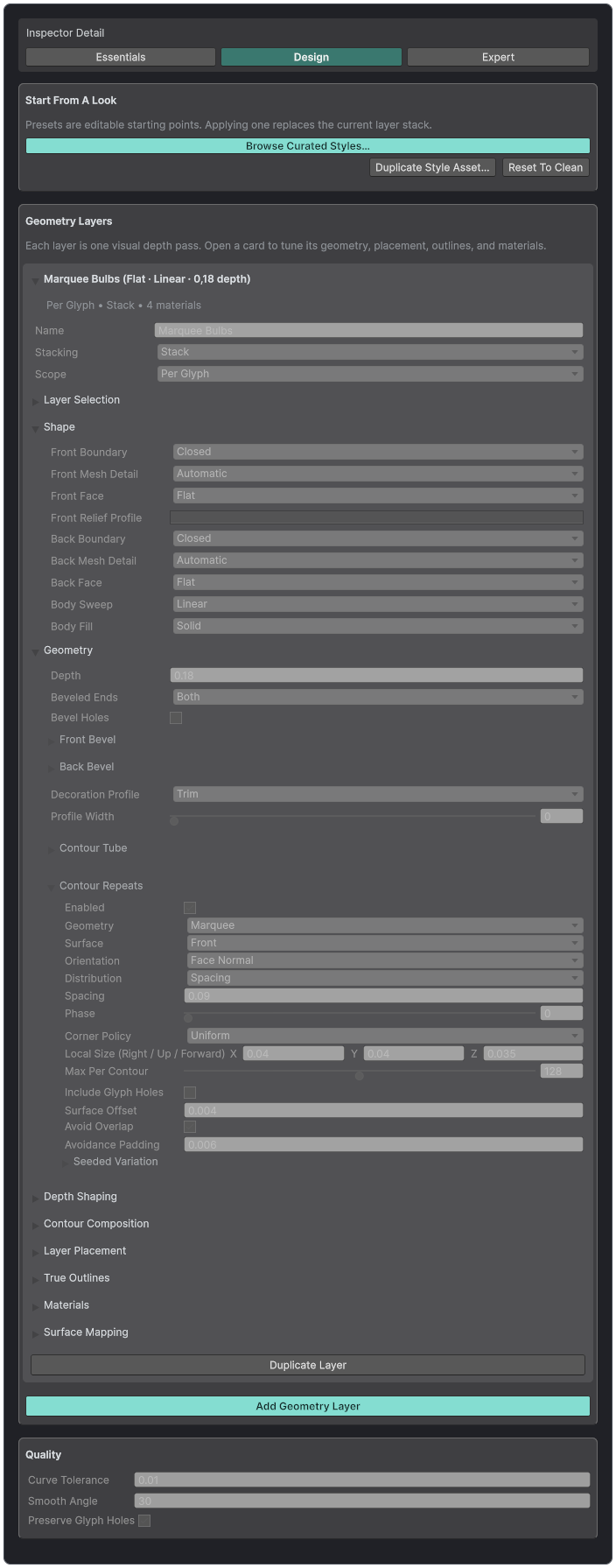 Text Studio 3D Style inspector with a Marquee Bulbs layer.