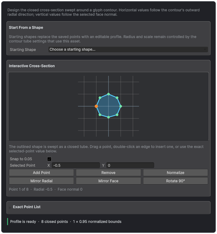 Contour Tube Profile inspector with an eight-point editable cross-section, graph controls, exact point list, and validation.