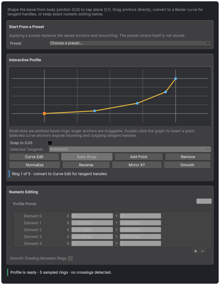 Text Studio 3D Bevel Profile inspector with editable curve.