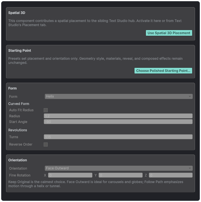 Text Studio 3D Spatial Placement inspector.