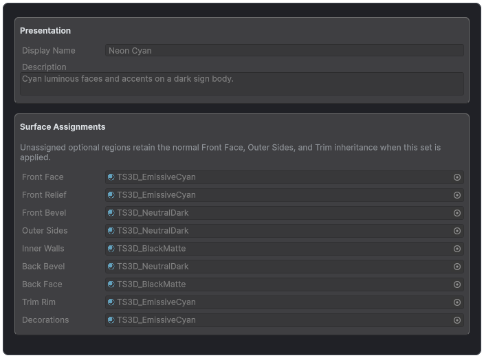 Neon Cyan Material Set inspector assigning coordinated materials to all nine semantic surface regions.