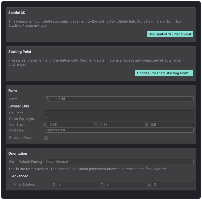 Spatial Placement inspector configured as a layered voxel grid with orientation controls.