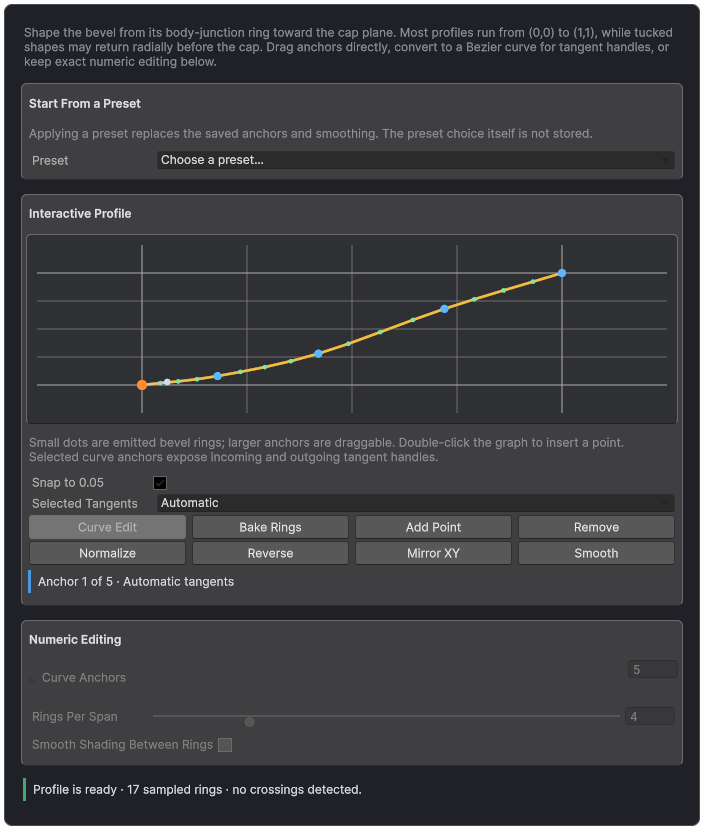 Bevel Profile inspector with an interactive Bezier curve, draggable anchors, tangent controls, and validation.
