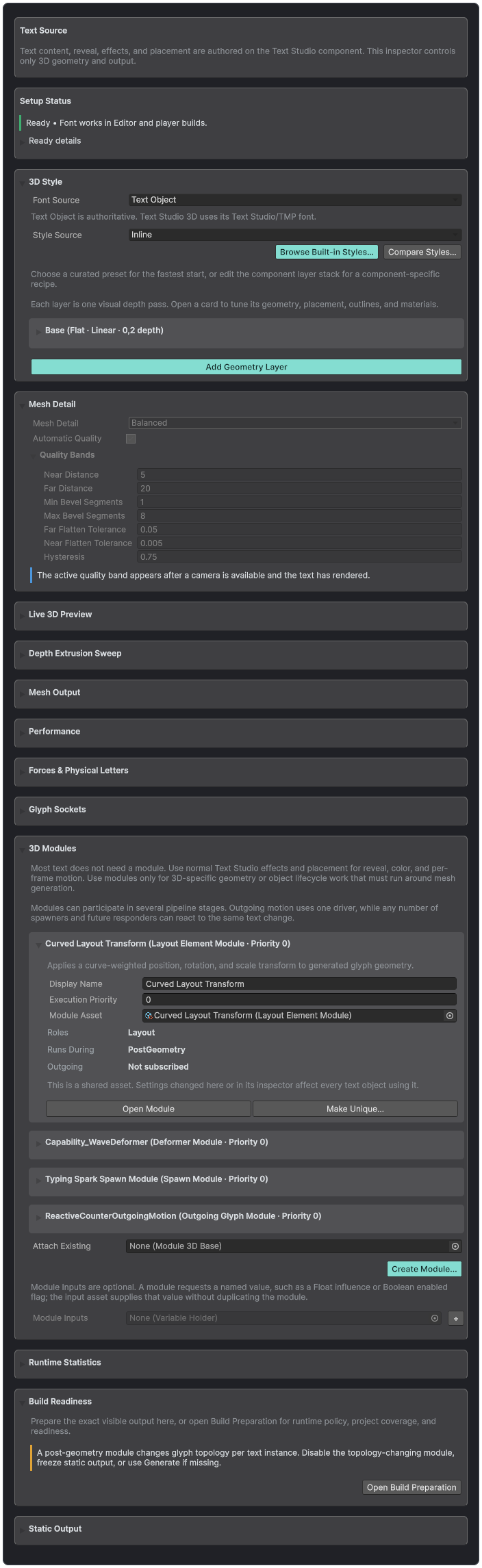 Text Studio 3D Modules inspector showing ordered module cards, shared assets, execution roles, stages, and host inputs.