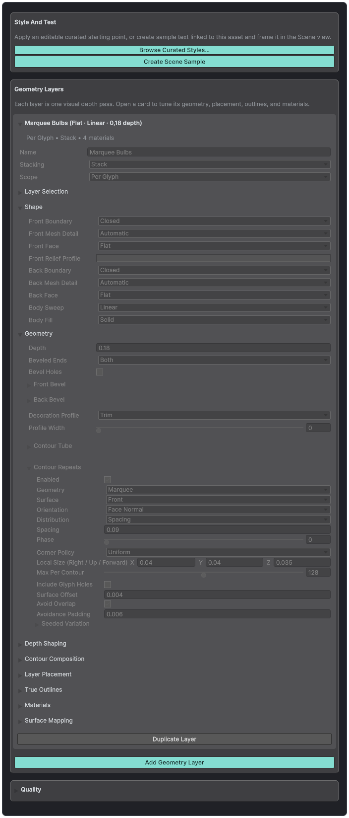 Text Studio 3D Style inspector showing an editable Marquee Bulbs geometry layer and its progressive authoring sections.