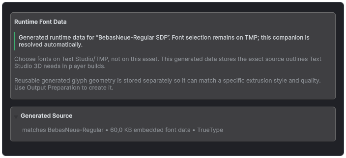 Font3D inspector showing ready runtime outline data and its matching generated source font.