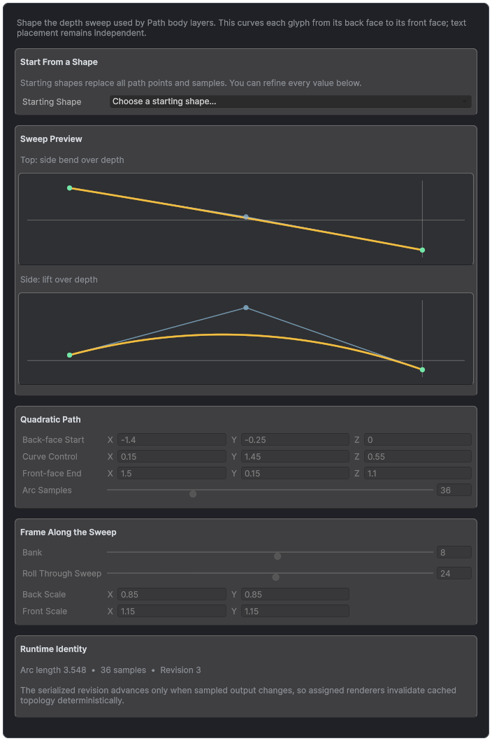 Quadratic Bezier Extrusion Path inspector with top and side sweep previews, editable path points, sample count, bank, roll, and endpoint scale.