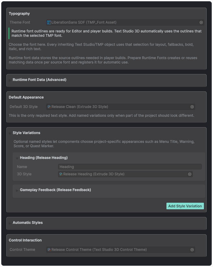 Text Studio 3D Theme inspector showing typography, runtime font data, default appearance, named style variations, automatic roles, and a control theme.