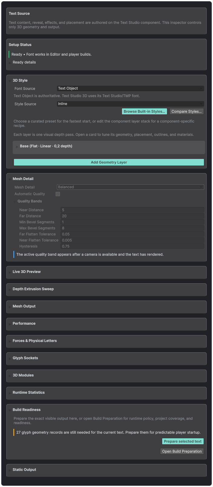Main Text Studio 3D inspector with setup status, compact style layer, mesh detail, preview, output, performance, modules, and build readiness.