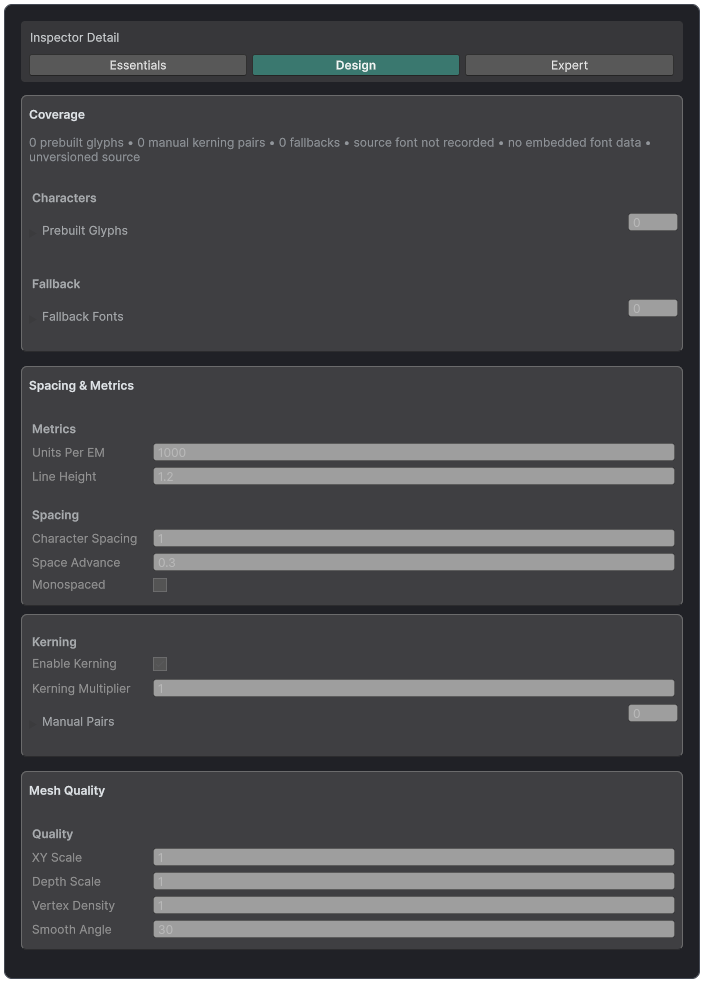 Text Studio 3D Prepared Font inspector.