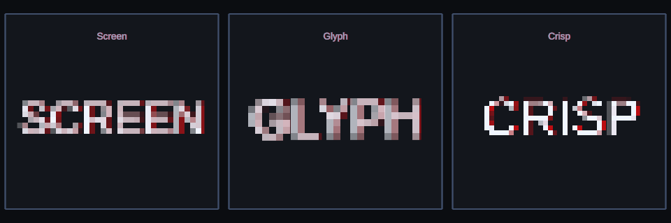 Pixel Grid effect examples showing screen-stable, glyph-anchored, and crisp text treatments.
