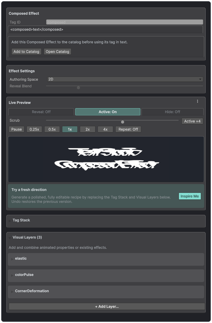 Text Studio Composed Effect inspector with three layers and live preview.
