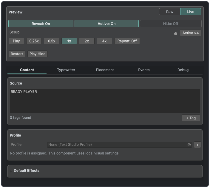 Text Studio main inspector with Raw and Live modes and five workflow tabs.