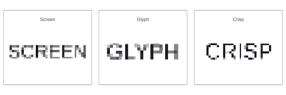 Pixel Grid effect examples showing screen-stable, glyph-anchored, and crisp text treatments.