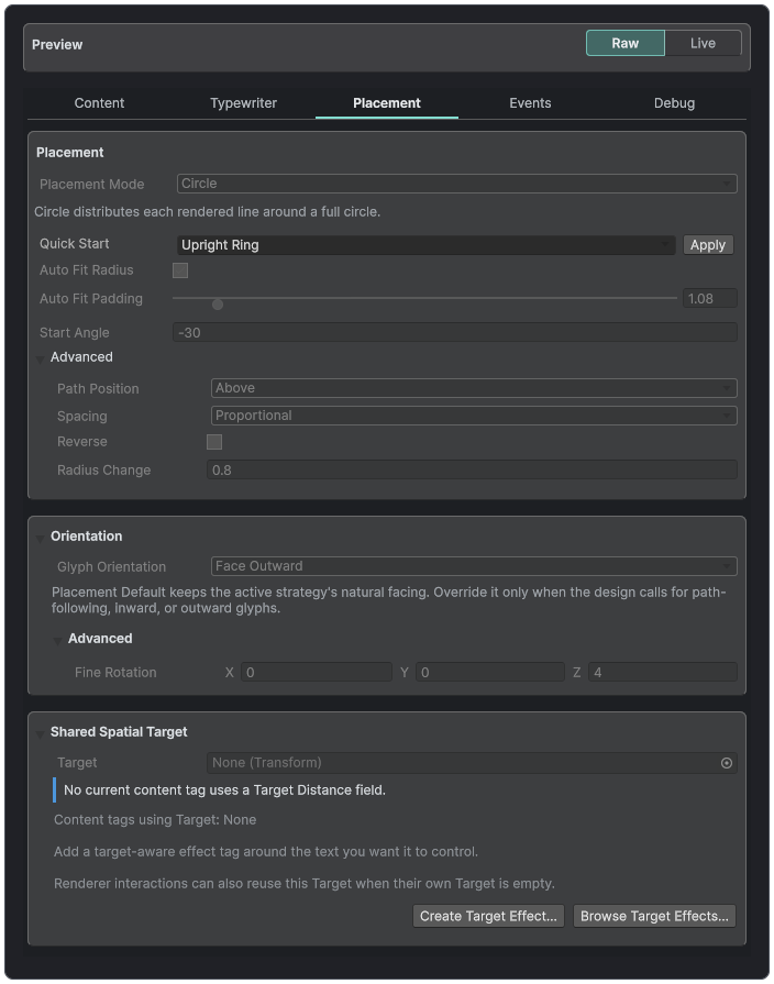 Text Studio Placement inspector configured as a circle with advanced orientation and shared spatial-target controls.