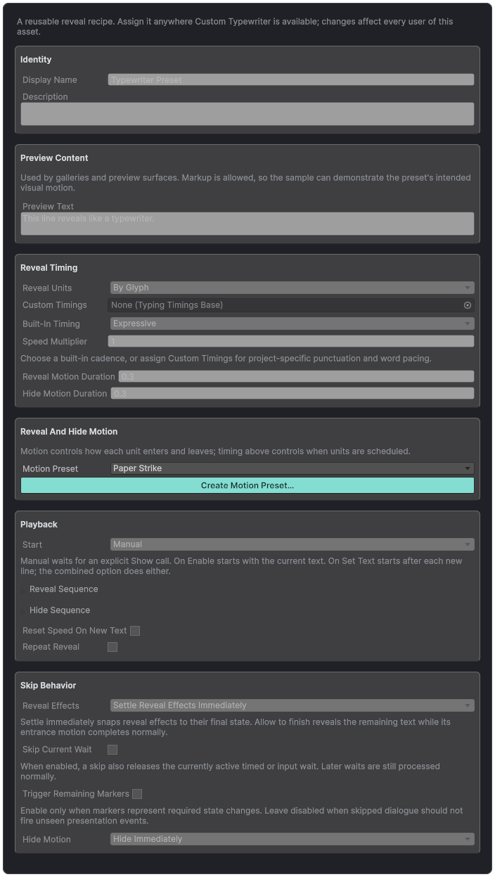 Text Studio Typewriter Preset inspector.