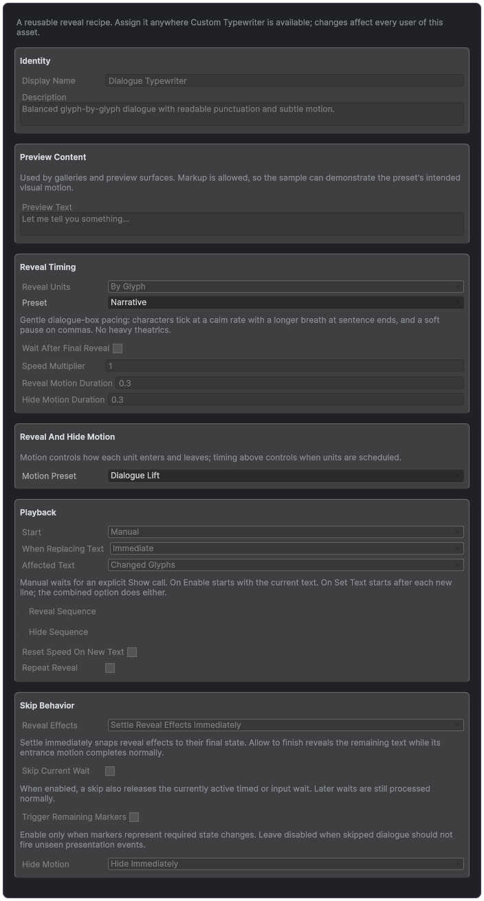 Typewriter Preset inspector showing identity, sample content, reveal timing, motion, playback, and skip behavior.