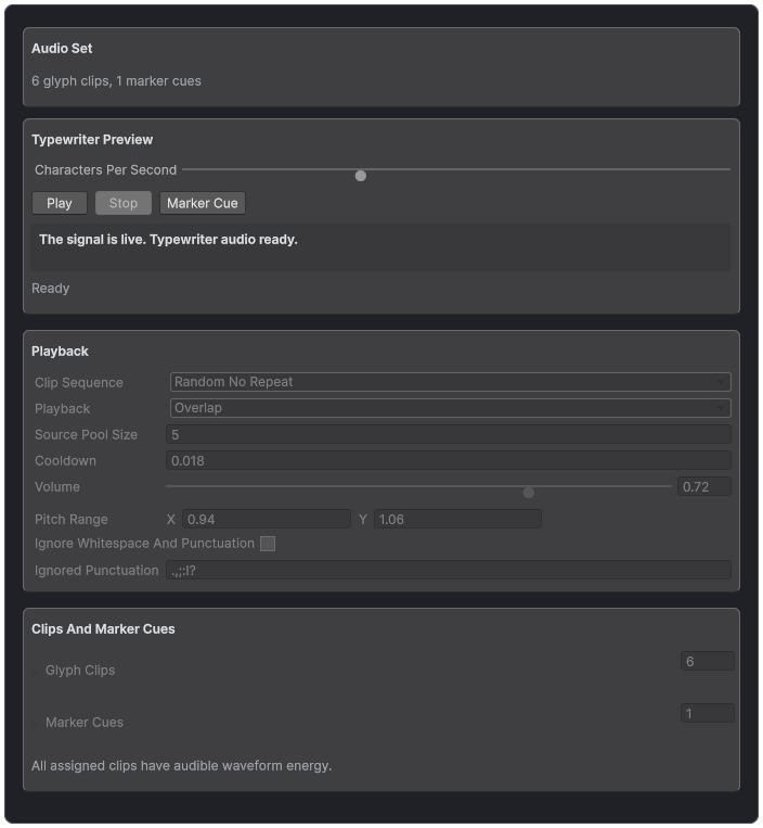 Audio Set inspector showing six glyph clips, one marker cue, playback controls, and an audible waveform readiness check.