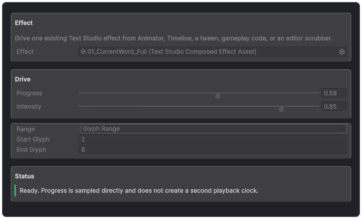 External Effect Driver inspector showing an assigned effect, progress, intensity, glyph range, and live status.