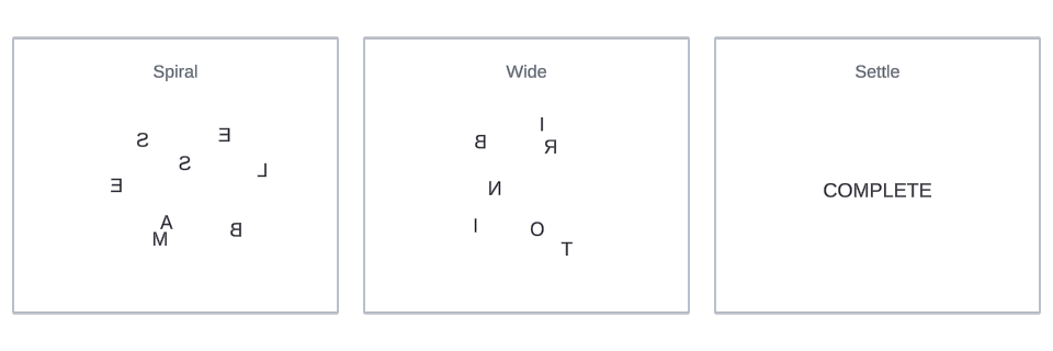 Spiral Assemble effect variations in Text Studio.