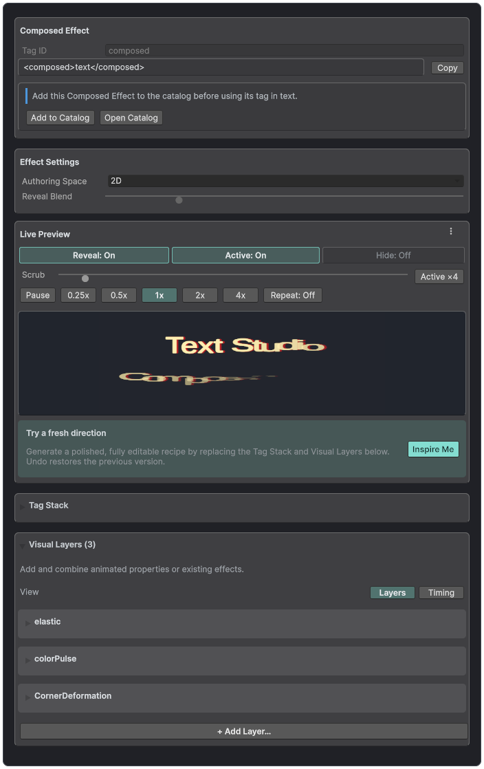 Composed Effect inspector showing identity, live preview, inspiration, and three ordered visual layers.