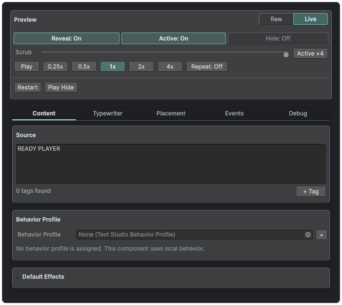 Main Text Studio inspector with persistent preview and Content, Typewriter, Placement, Events, and Debug tabs.